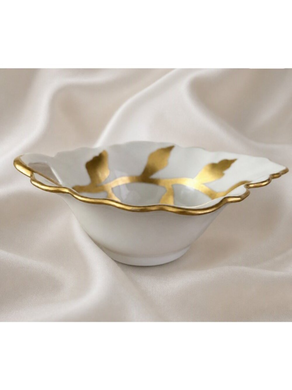 Vtg Schumann Germany Gold Leaf Porcelain Creamer Bowl Scalloped Rim European MCM